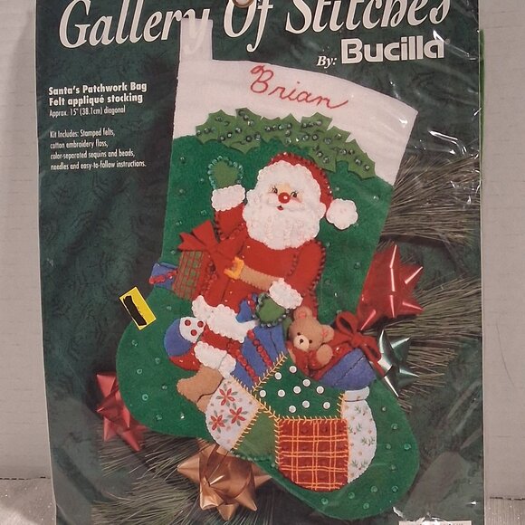 Vintage 1997 NOS Bucilla Felt Applique Christmas Stocking Kit Patchwork Beaded - Picture 1 of 4